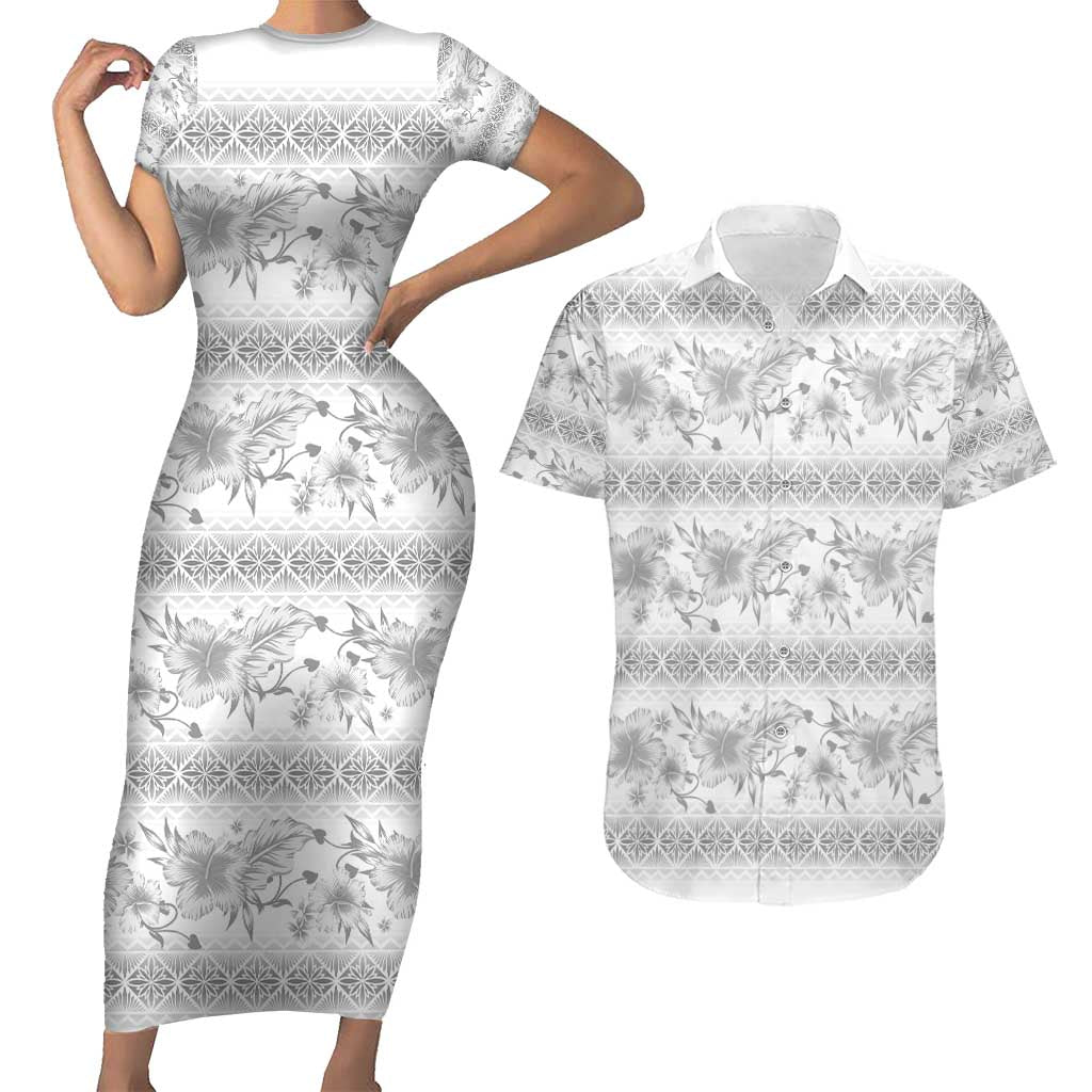 Samoa White Sunday Couples Matching Short Sleeve Bodycon Dress and Hawaiian Shirt Samoan Tapa White Hibiscus LT05 White - Polynesian Pride