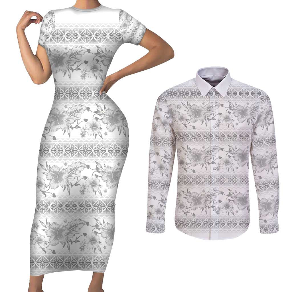 Samoa White Sunday Couples Matching Short Sleeve Bodycon Dress and Long Sleeve Button Shirt Samoan Tapa White Hibiscus LT05 White - Polynesian Pride