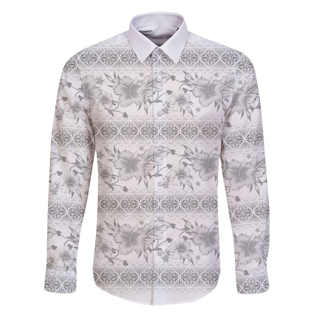 Samoa White Sunday Family Matching Long Sleeve Bodycon Dress and Hawaiian Shirt Samoan Tapa White Hibiscus LT05 Dad's Shirt - Long Sleeve White - Polynesian Pride