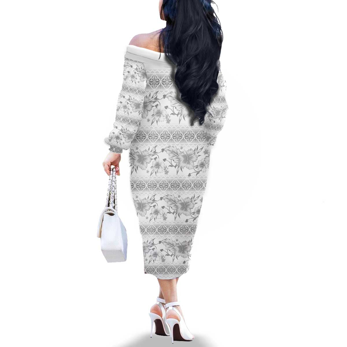 Samoa White Sunday Family Matching Off The Shoulder Long Sleeve Dress and Hawaiian Shirt Samoan Tapa White Hibiscus LT05 - Polynesian Pride