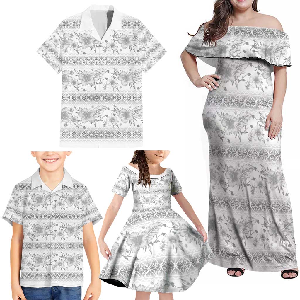 Samoa White Sunday Family Matching Off Shoulder Maxi Dress and Hawaiian Shirt Samoan Tapa White Hibiscus LT05 - Polynesian Pride
