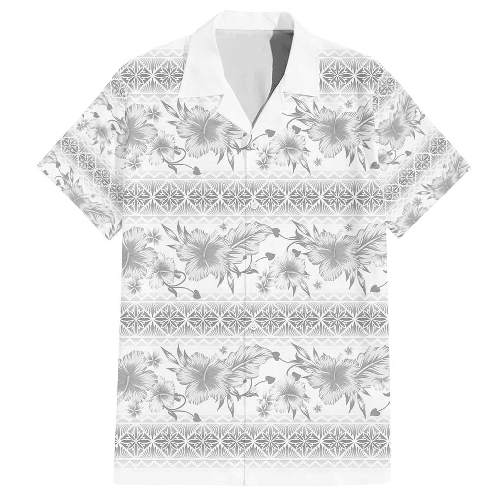 Samoa White Sunday Family Matching Off Shoulder Maxi Dress and Hawaiian Shirt Samoan Tapa White Hibiscus LT05 Dad's Shirt - Short Sleeve White - Polynesian Pride