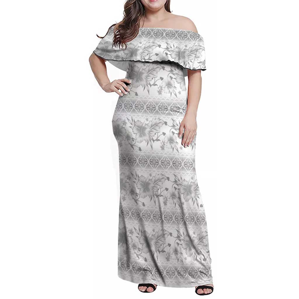 Samoa White Sunday Family Matching Off Shoulder Maxi Dress and Hawaiian Shirt Samoan Tapa White Hibiscus LT05 Mom's Dress White - Polynesian Pride