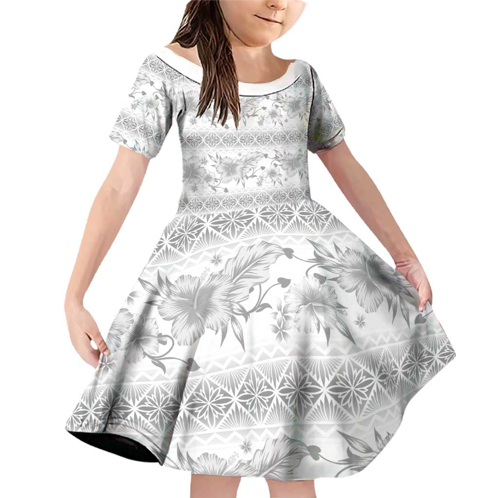 Samoa White Sunday Family Matching Off Shoulder Short Dress and Hawaiian Shirt Samoan Tapa White Hibiscus LT05 Daughter's Dress White - Polynesian Pride