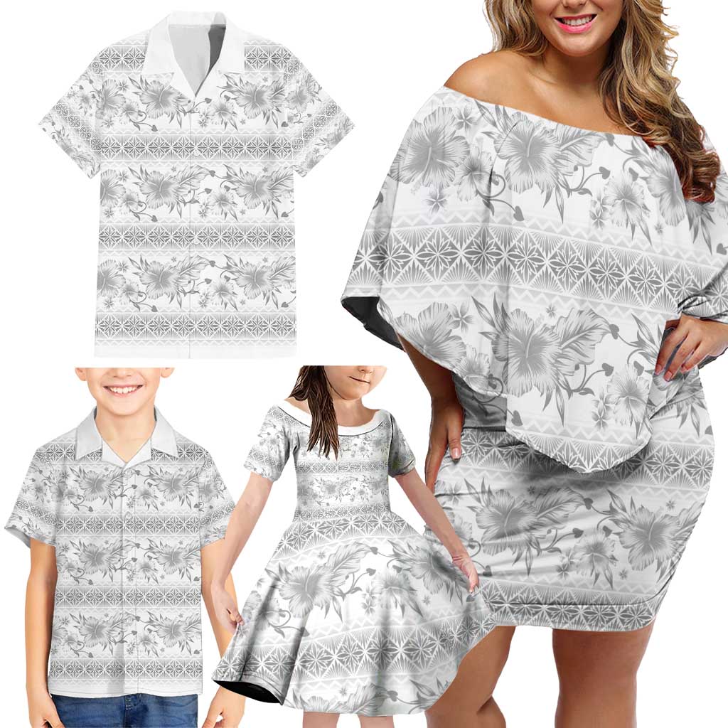 Samoa White Sunday Family Matching Off Shoulder Short Dress and Hawaiian Shirt Samoan Tapa White Hibiscus LT05 - Polynesian Pride