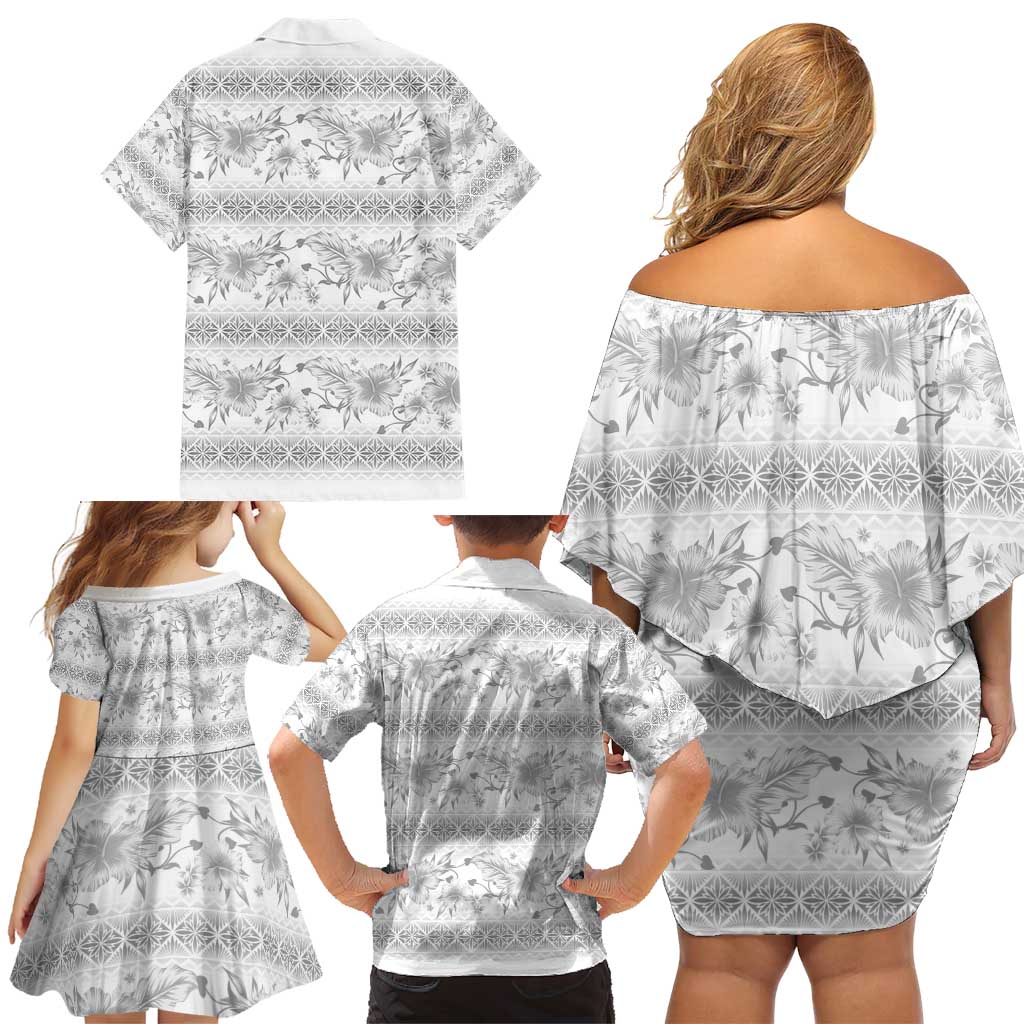 Samoa White Sunday Family Matching Off Shoulder Short Dress and Hawaiian Shirt Samoan Tapa White Hibiscus LT05 - Polynesian Pride