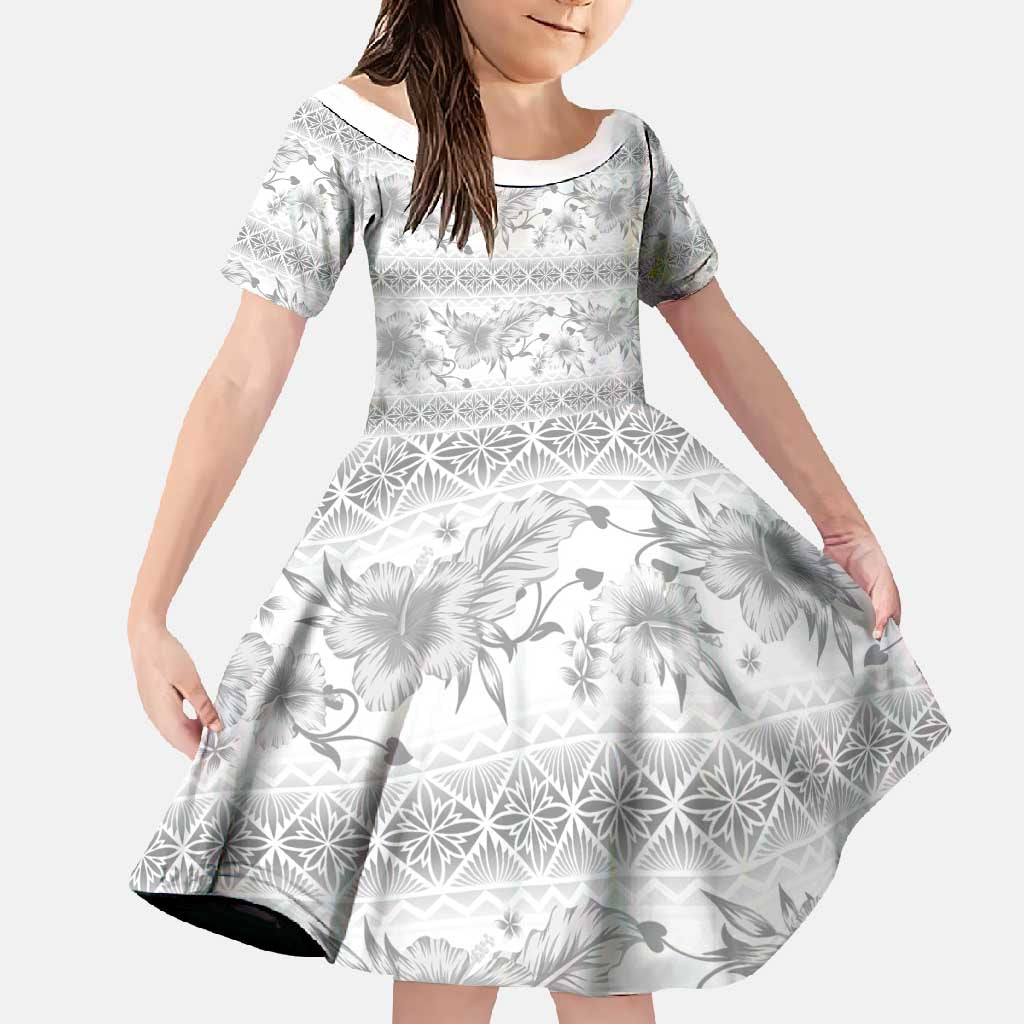 Samoa White Sunday Family Matching Short Sleeve Bodycon Dress and Hawaiian Shirt Samoan Tapa White Hibiscus LT05 Daughter's Dress White - Polynesian Pride