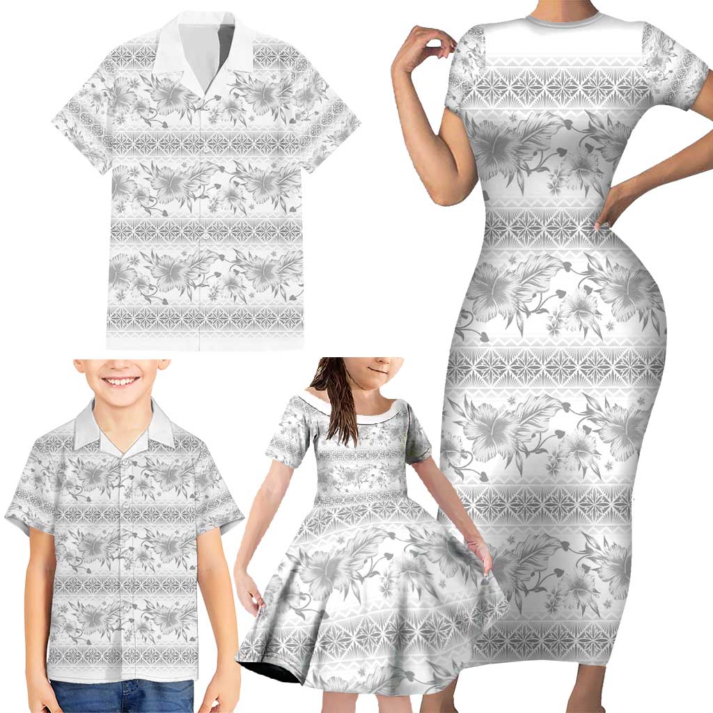 Samoa White Sunday Family Matching Short Sleeve Bodycon Dress and Hawaiian Shirt Samoan Tapa White Hibiscus LT05 - Polynesian Pride