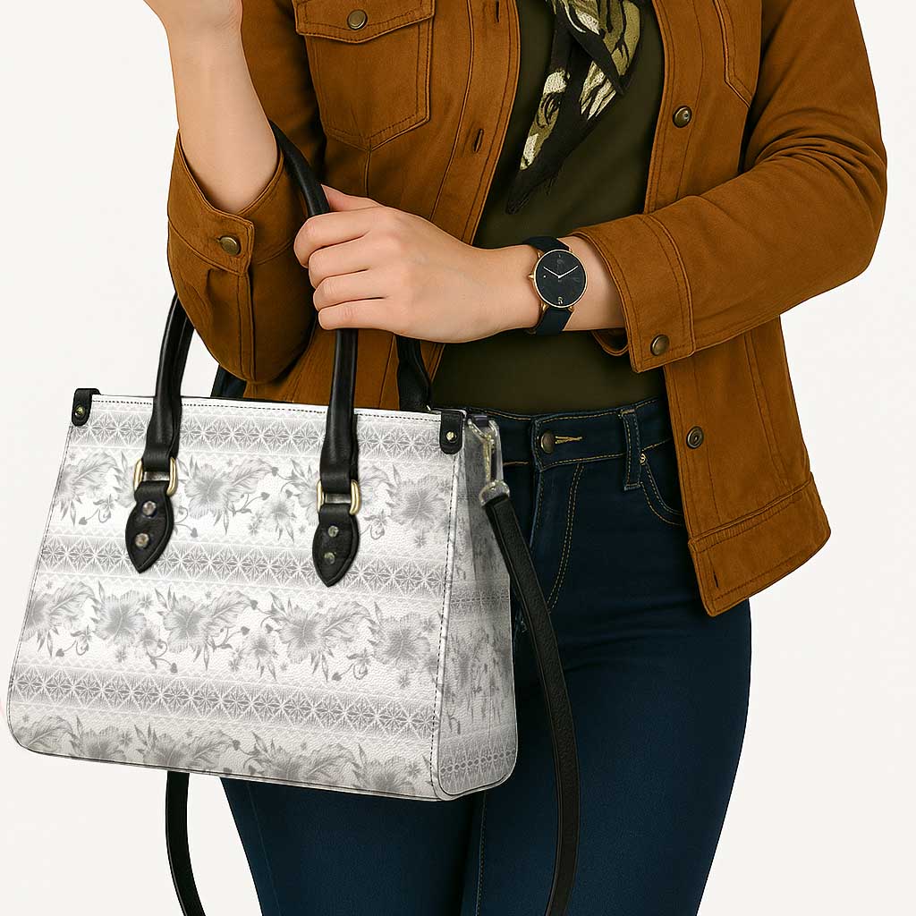 Samoa White Sunday Leather Bag Samoan Tapa White Hibiscus - Polynesian Pride