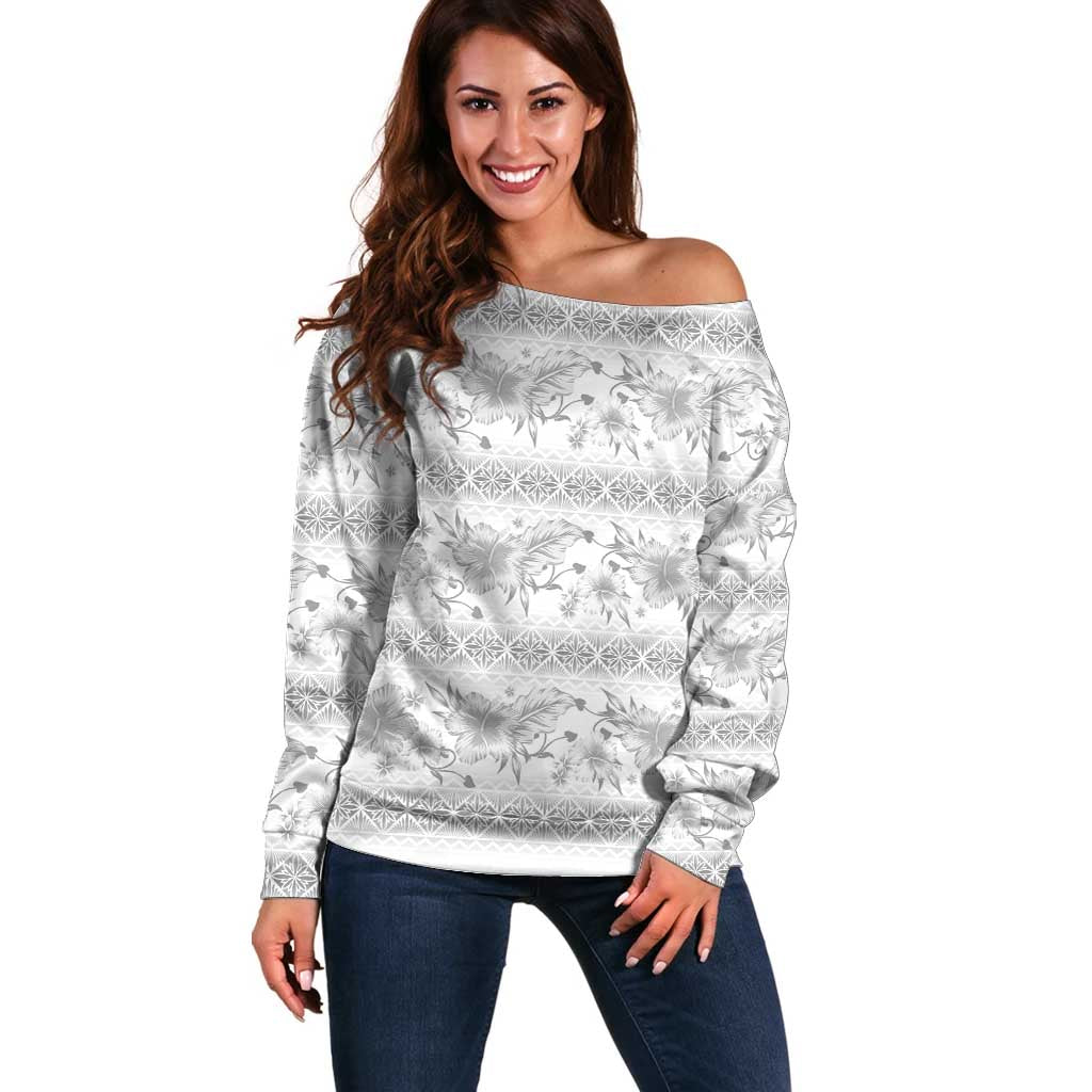 Samoa White Sunday Off Shoulder Sweater Samoan Tapa White Hibiscus - Polynesian Pride