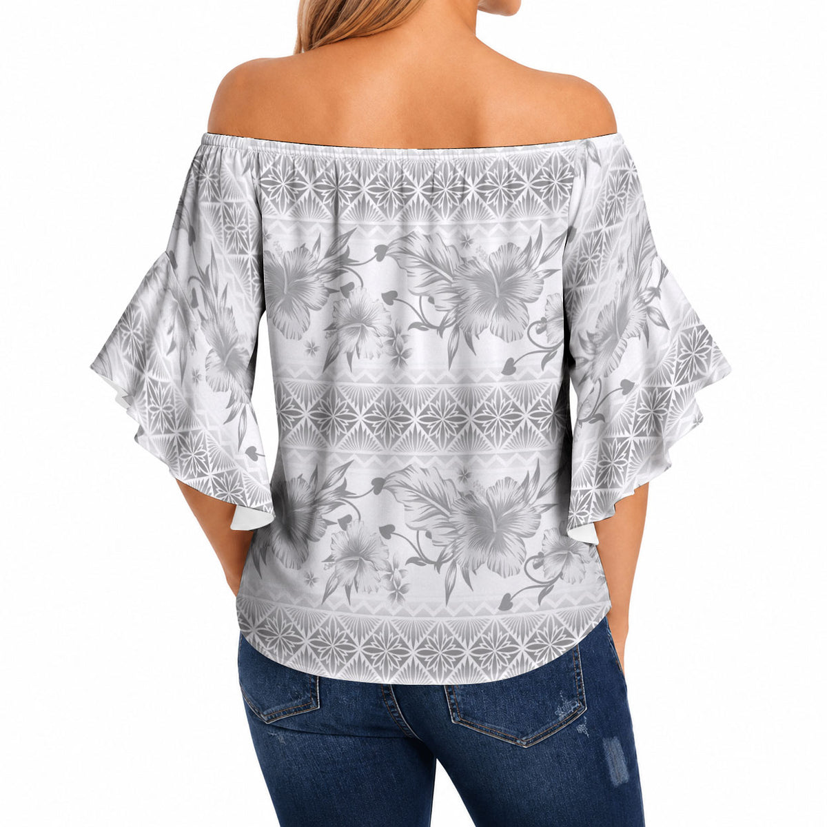 Samoa White Sunday Off Shoulder Wrap Waist Top Samoan Tapa White Hibiscus LT05 - Polynesian Pride