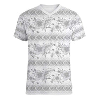 Samoa White Sunday Women V-Neck T-Shirt Samoan Tapa White Hibiscus - Polynesian Pride