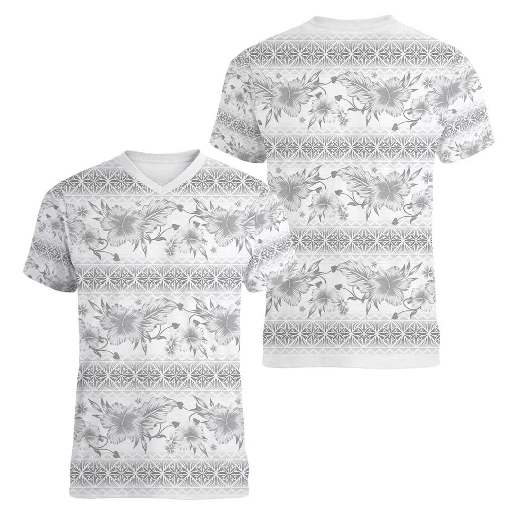 Samoa White Sunday Women V-Neck T-Shirt Samoan Tapa White Hibiscus - Polynesian Pride