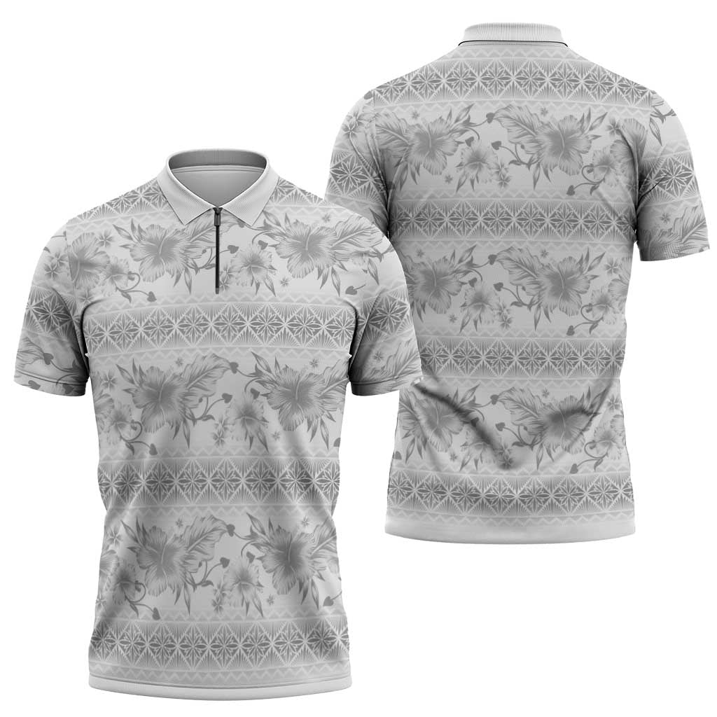 Samoa White Sunday Zipper Polo Shirt Samoan Tapa White Hibiscus - Polynesian Pride