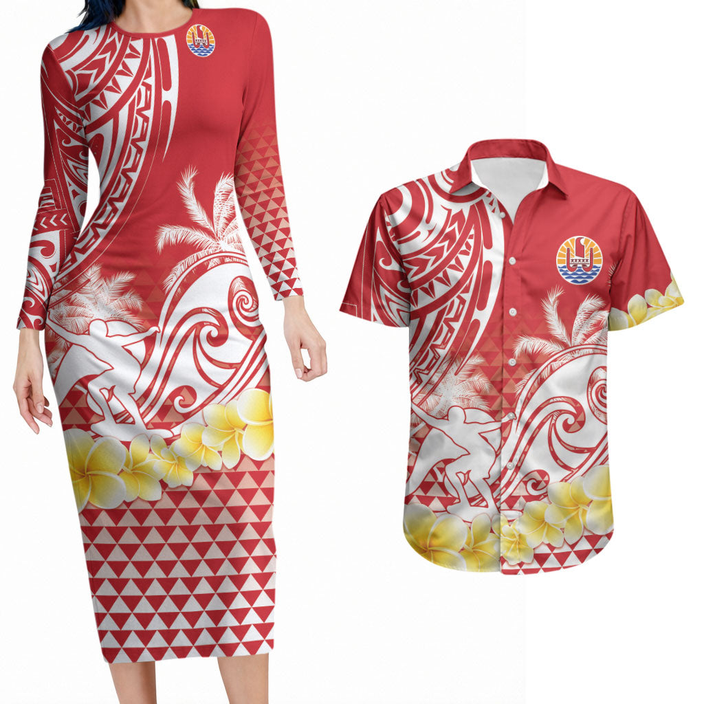 Personalised Tahiti Surfing Couples Matching Long Sleeve Bodycon Dress and Hawaiian Shirt Polynesian Style LT05 Red - Polynesian Pride