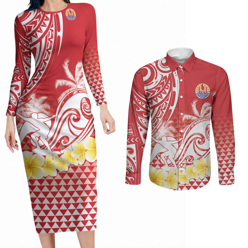 Personalised Tahiti Surfing Couples Matching Long Sleeve Bodycon Dress and Long Sleeve Button Shirt Polynesian Style LT05 Red - Polynesian Pride