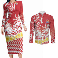 Personalised Tahiti Surfing Couples Matching Long Sleeve Bodycon Dress and Long Sleeve Button Shirt Polynesian Style LT05 Red - Polynesian Pride