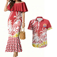 Personalised Tahiti Surfing Couples Matching Mermaid Dress and Hawaiian Shirt Polynesian Style LT05 Red - Polynesian Pride