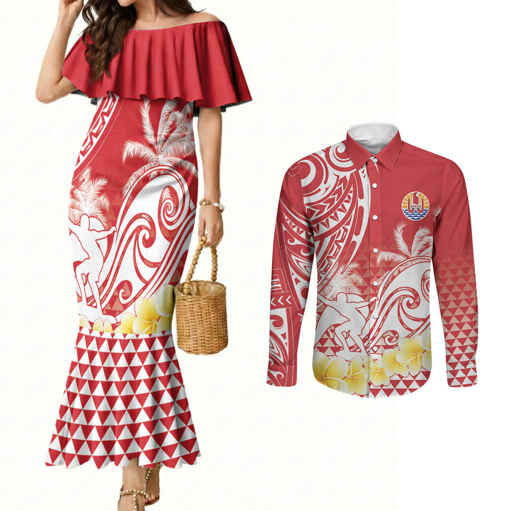 Personalised Tahiti Surfing Couples Matching Mermaid Dress and Long Sleeve Button Shirt Polynesian Style LT05 Red - Polynesian Pride