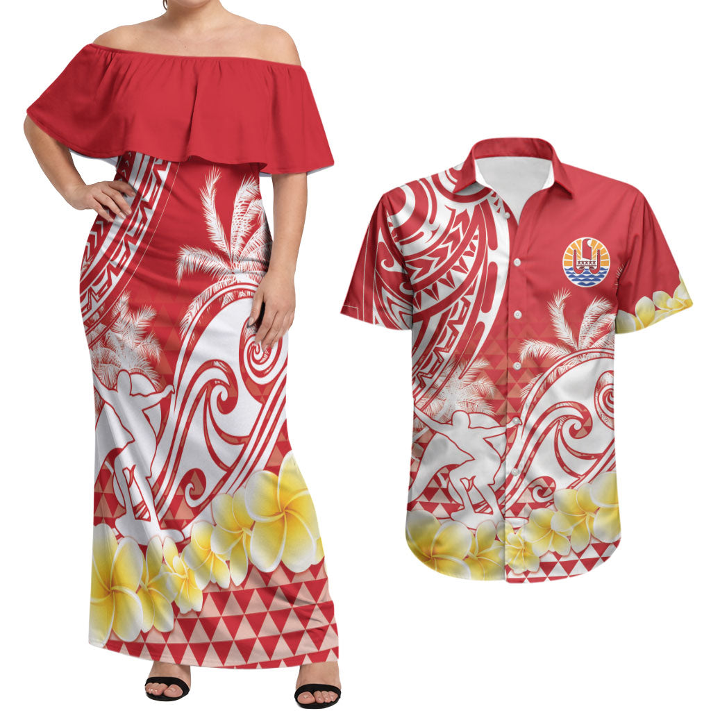 Personalised Tahiti Surfing Couples Matching Off Shoulder Maxi Dress and Hawaiian Shirt Polynesian Style LT05 Red - Polynesian Pride