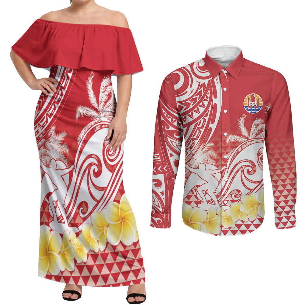 Personalised Tahiti Surfing Couples Matching Off Shoulder Maxi Dress and Long Sleeve Button Shirt Polynesian Style LT05 Red - Polynesian Pride