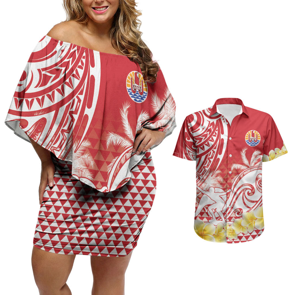 Personalised Tahiti Surfing Couples Matching Off Shoulder Short Dress and Hawaiian Shirt Polynesian Style LT05 Red - Polynesian Pride