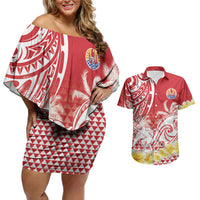 Personalised Tahiti Surfing Couples Matching Off Shoulder Short Dress and Hawaiian Shirt Polynesian Style LT05 Red - Polynesian Pride