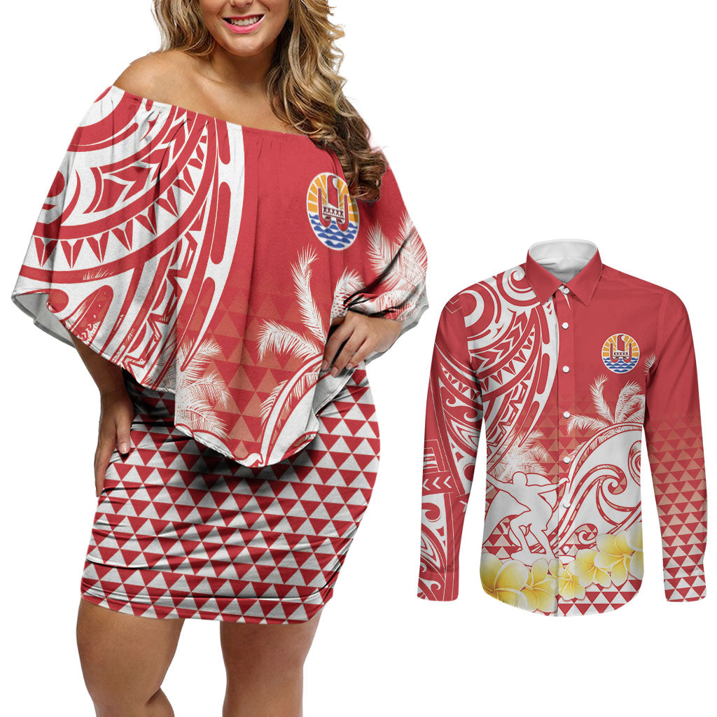 Personalised Tahiti Surfing Couples Matching Off Shoulder Short Dress and Long Sleeve Button Shirt Polynesian Style LT05 Red - Polynesian Pride