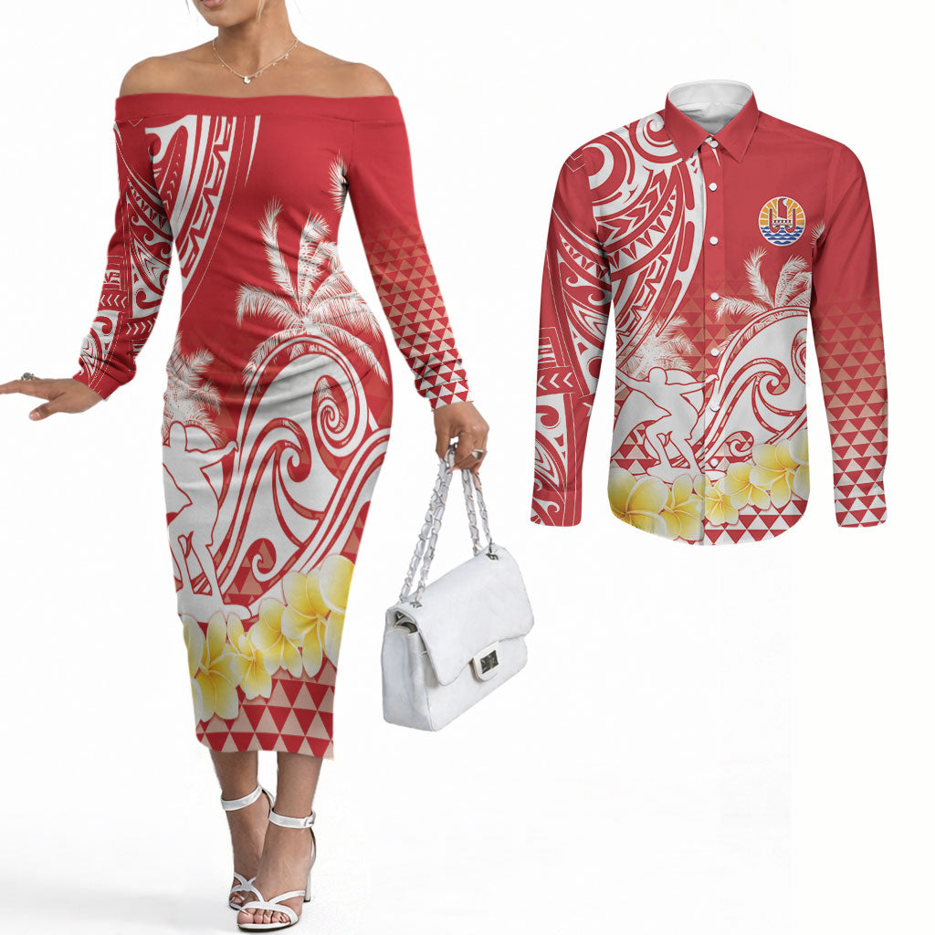 Personalised Tahiti Surfing Couples Matching Off The Shoulder Long Sleeve Dress and Long Sleeve Button Shirt Polynesian Style LT05 Red - Polynesian Pride