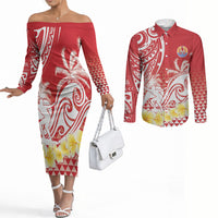 Personalised Tahiti Surfing Couples Matching Off The Shoulder Long Sleeve Dress and Long Sleeve Button Shirt Polynesian Style LT05 Red - Polynesian Pride