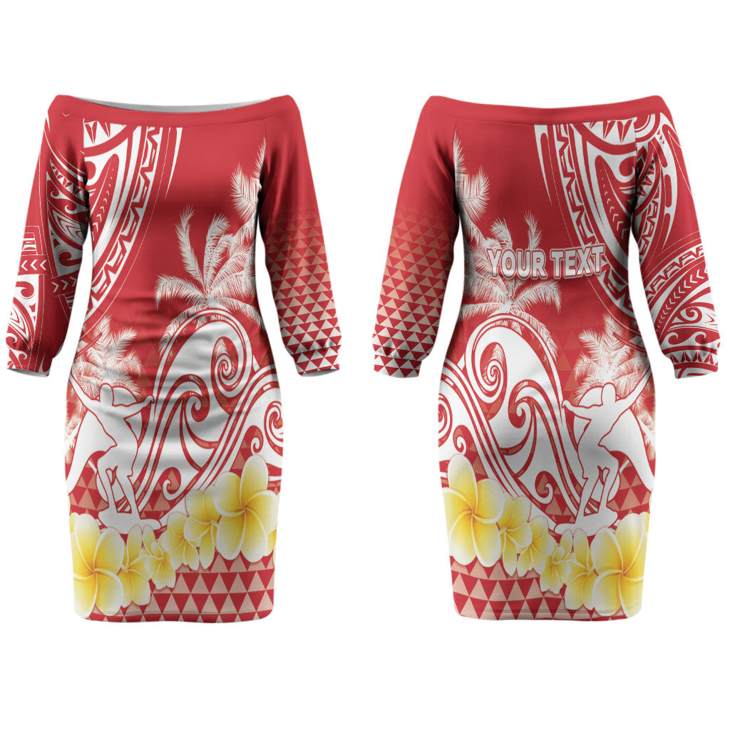 Personalised Tahiti Surfing Couples Matching Off The Shoulder Long Sleeve Dress and Long Sleeve Button Shirt Polynesian Style LT05 - Polynesian Pride