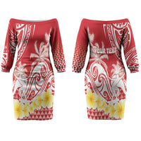 Personalised Tahiti Surfing Couples Matching Off The Shoulder Long Sleeve Dress and Long Sleeve Button Shirt Polynesian Style LT05 - Polynesian Pride
