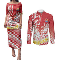 Personalised Tahiti Surfing Couples Matching Puletasi and Long Sleeve Button Shirt Polynesian Style LT05 Red - Polynesian Pride