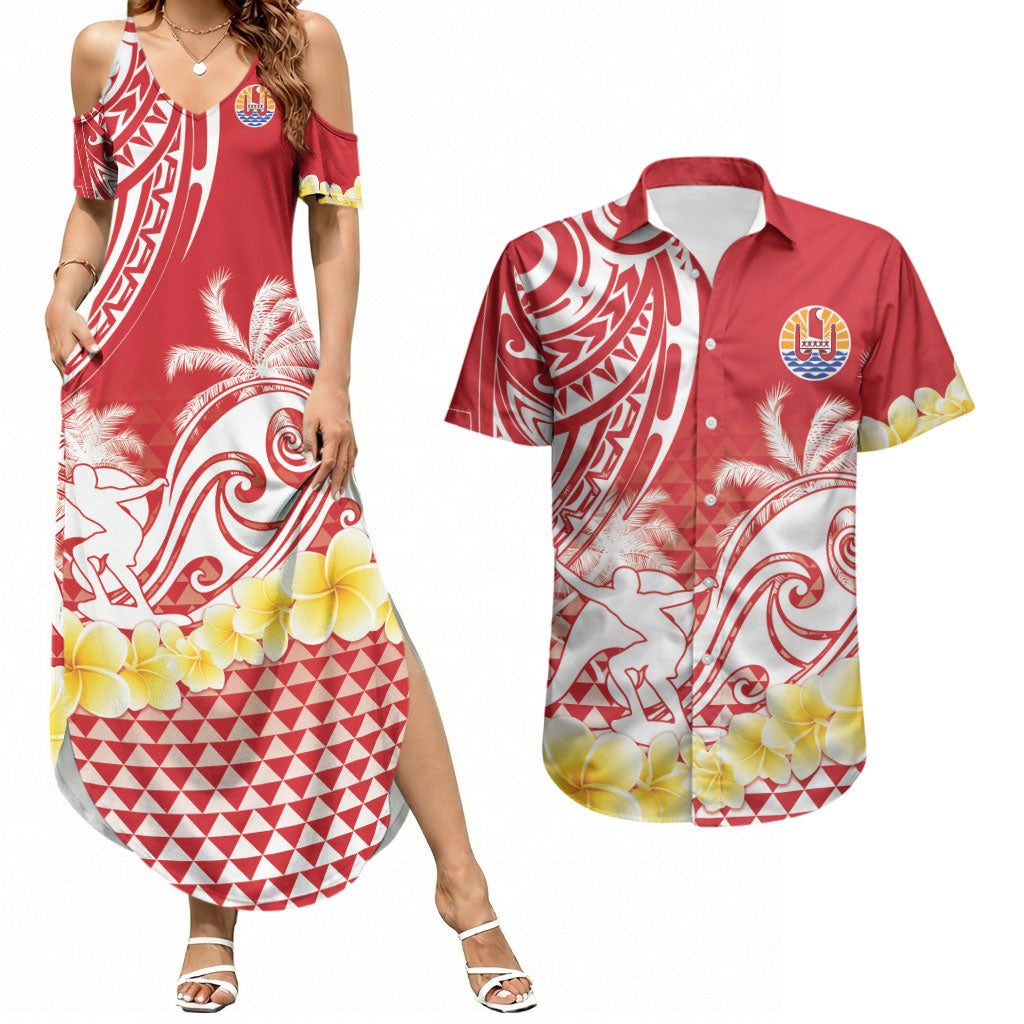 Personalised Tahiti Surfing Couples Matching Summer Maxi Dress and Hawaiian Shirt Polynesian Style LT05 Red - Polynesian Pride