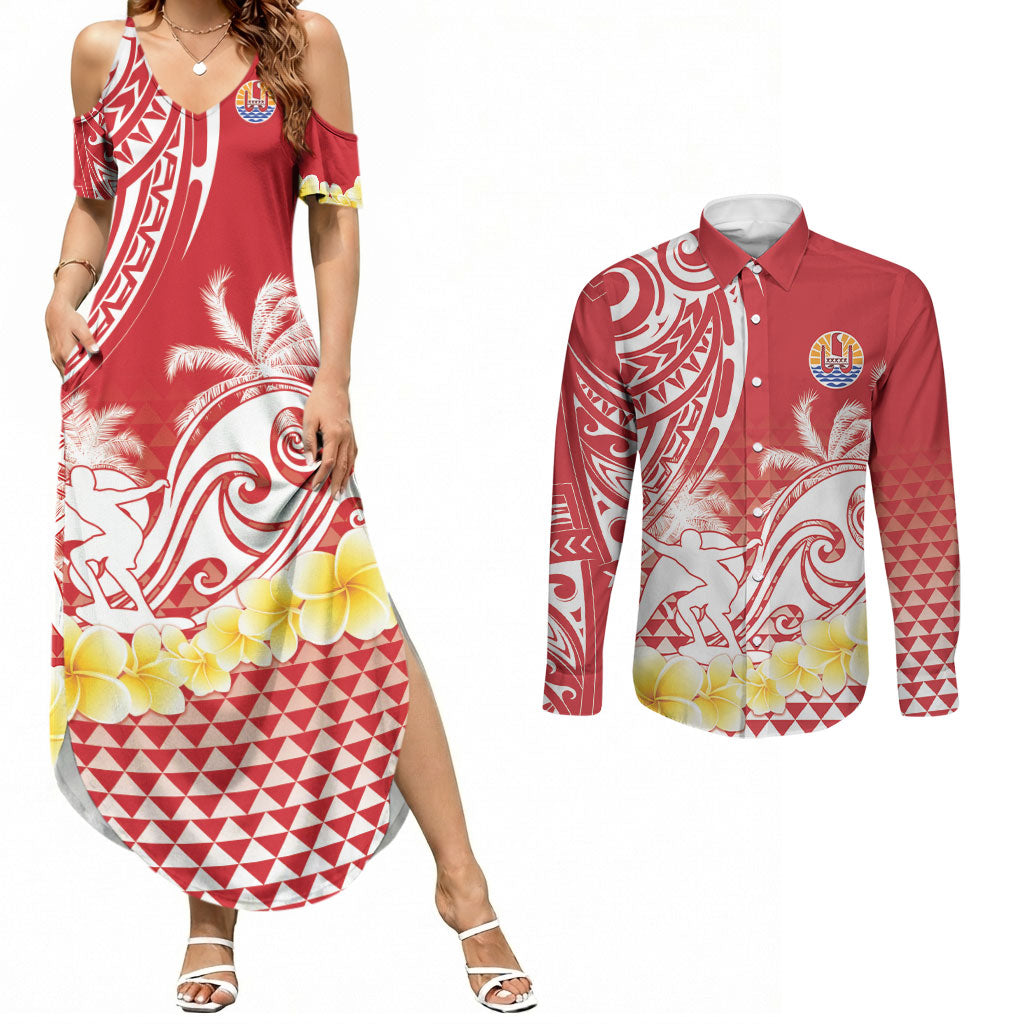 Personalised Tahiti Surfing Couples Matching Summer Maxi Dress and Long Sleeve Button Shirt Polynesian Style LT05 Red - Polynesian Pride