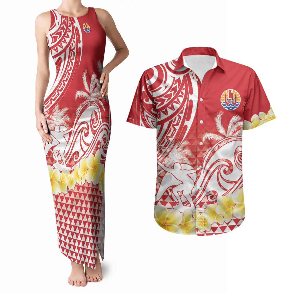 Personalised Tahiti Surfing Couples Matching Tank Maxi Dress and Hawaiian Shirt Polynesian Style LT05 Red - Polynesian Pride