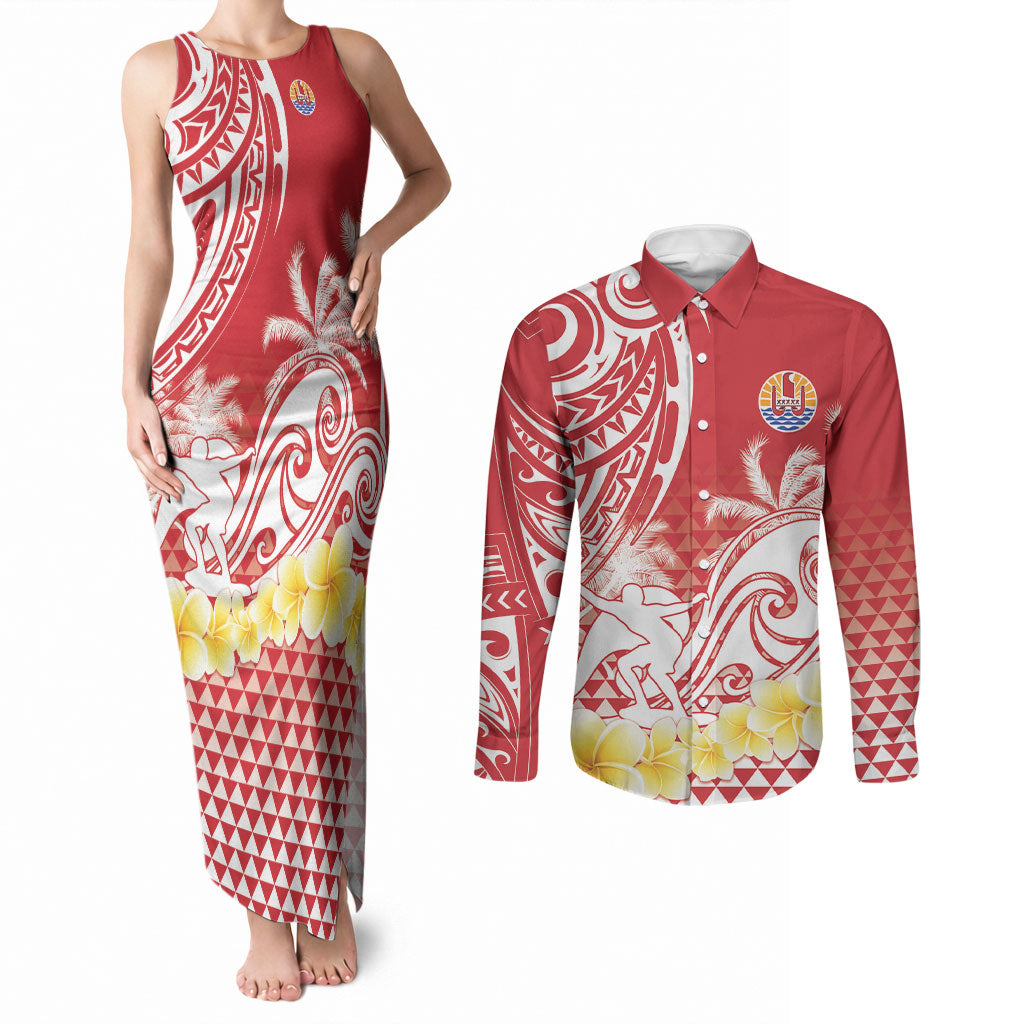 Personalised Tahiti Surfing Couples Matching Tank Maxi Dress and Long Sleeve Button Shirt Polynesian Style LT05 Red - Polynesian Pride