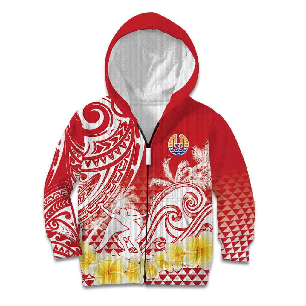 Personalised Tahiti Surfing Kid Hoodie Polynesian Style LT05 Zip Hoodie Red - Polynesian Pride