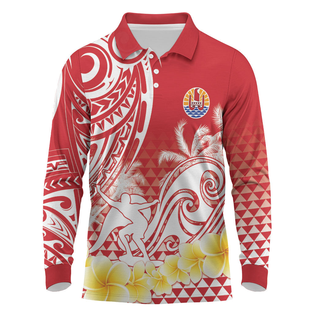 Personalised Tahiti Surfing Long Sleeve Polo Shirt Polynesian Style LT05 Red - Polynesian Pride