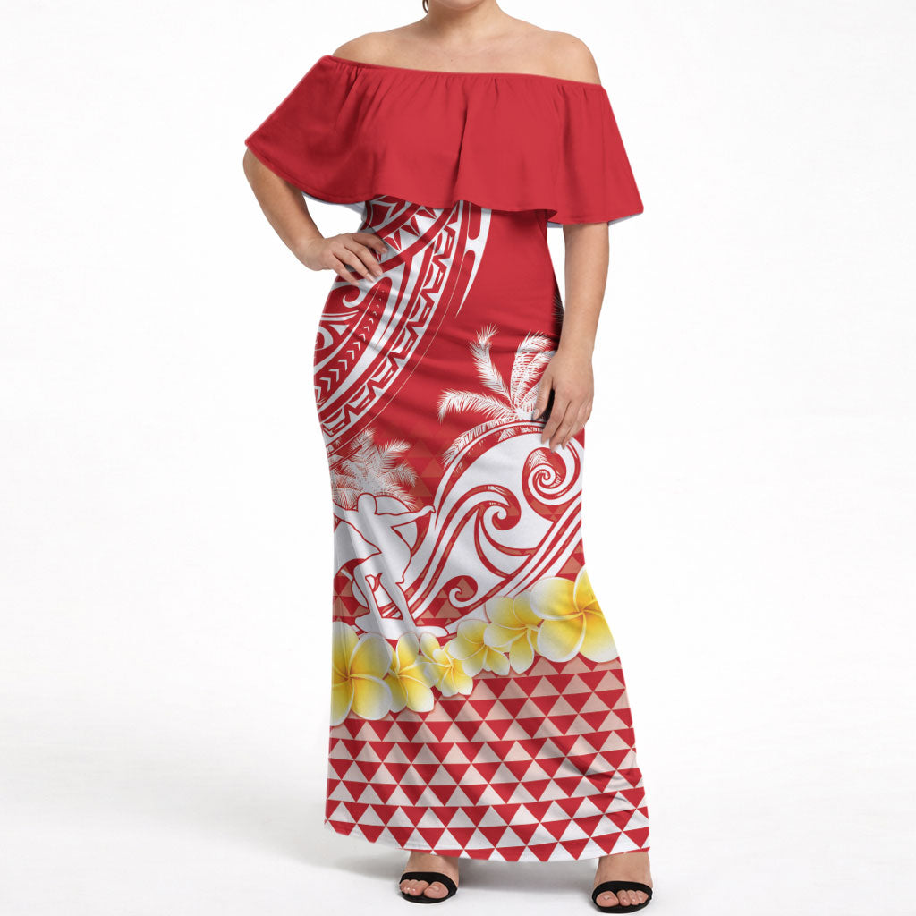 Personalised Tahiti Surfing Off Shoulder Maxi Dress Polynesian Style LT05 Women Red - Polynesian Pride