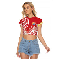 Personalised Tahiti Surfing Raglan Cropped T Shirt Polynesian Style LT05 Female Red - Polynesian Pride