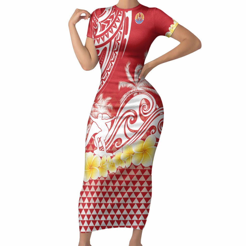 Personalised Tahiti Surfing Short Sleeve Bodycon Dress Polynesian Style LT05 Long Dress Red - Polynesian Pride