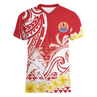 Personalised Tahiti Surfing Women V-Neck T-Shirt Polynesian Style LT05 Female Red - Polynesian Pride