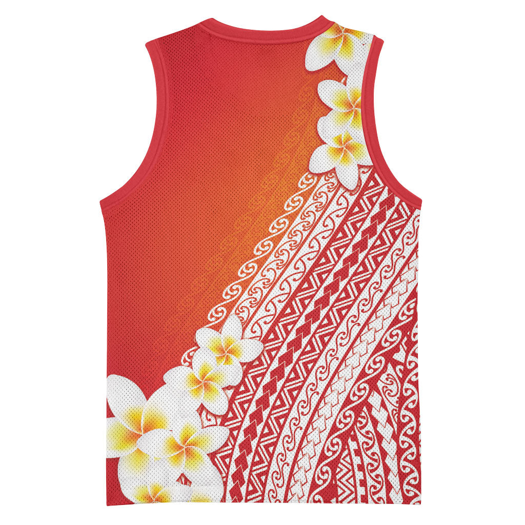 Tahiti Plumeria Tribal Pattern Basketball Jersey Wave Style Red LT05 - Polynesian Pride