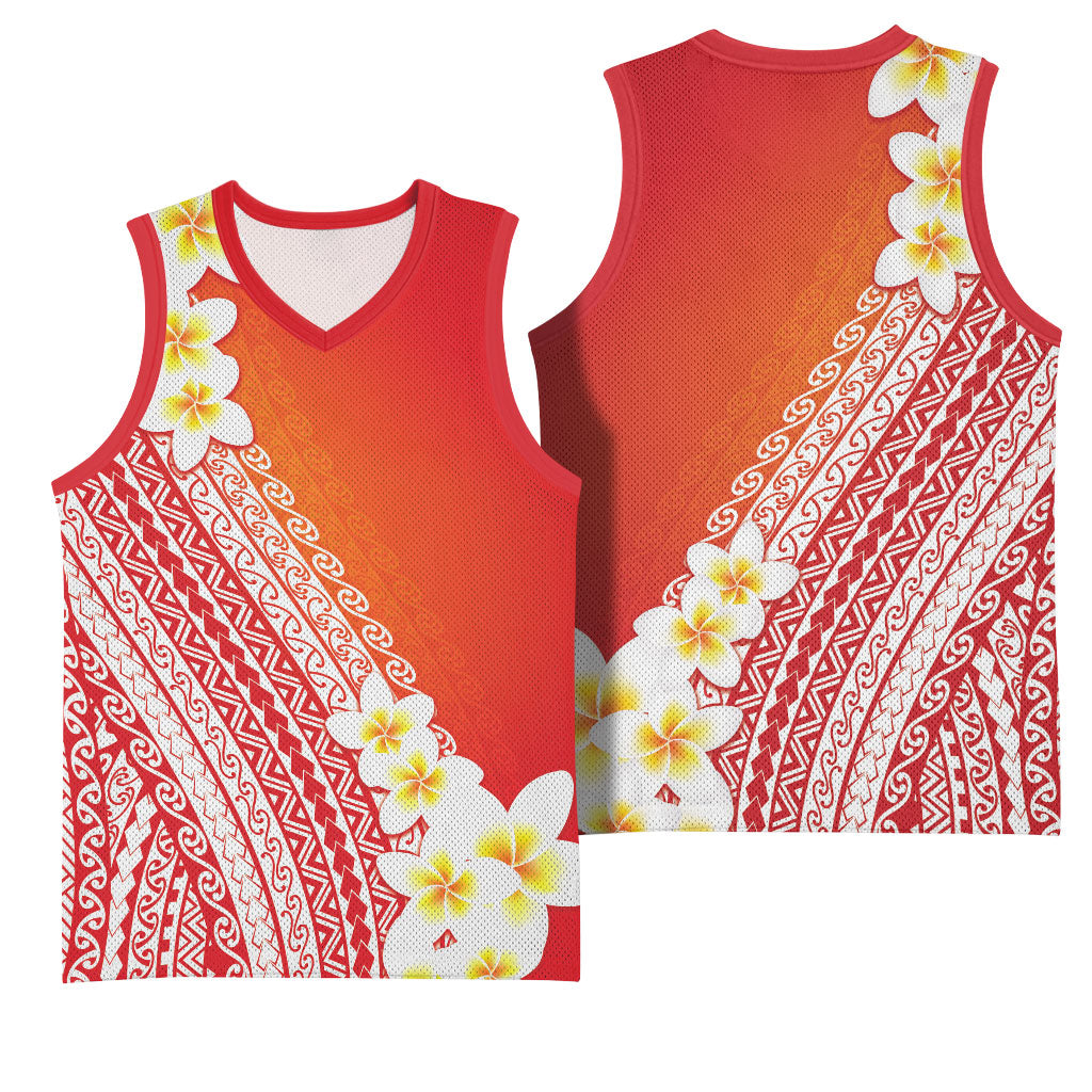 Tahiti Plumeria Tribal Pattern Basketball Jersey Wave Style Red LT05 - Polynesian Pride