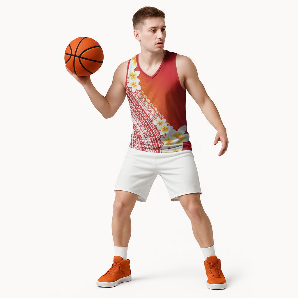 Tahiti Plumeria Tribal Pattern Basketball Jersey Wave Style Red LT05 - Polynesian Pride