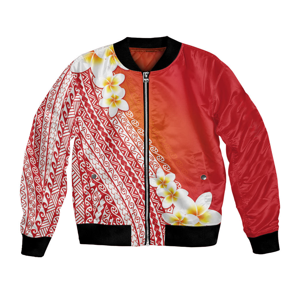 Tahiti Plumeria Tribal Pattern Bomber Jacket Wave Style Red LT05 Unisex Red - Polynesian Pride