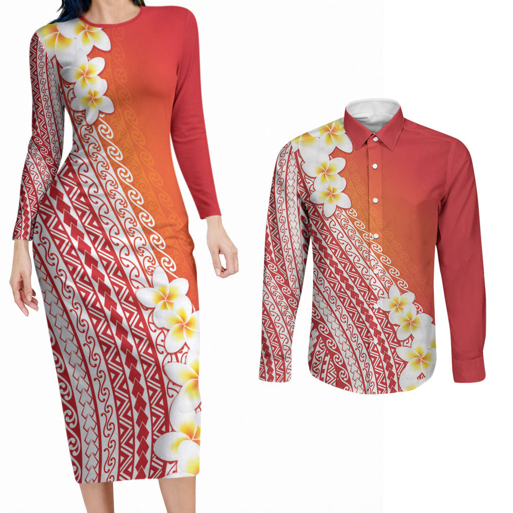 Tahiti Plumeria Tribal Pattern Couples Matching Long Sleeve Bodycon Dress and Long Sleeve Button Shirt Wave Style Red LT05 Red - Polynesian Pride