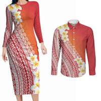 Tahiti Plumeria Tribal Pattern Couples Matching Long Sleeve Bodycon Dress and Long Sleeve Button Shirt Wave Style Red LT05 Red - Polynesian Pride