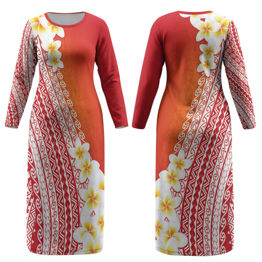 Tahiti Plumeria Tribal Pattern Couples Matching Long Sleeve Bodycon Dress and Long Sleeve Button Shirt Wave Style Red LT05 - Polynesian Pride